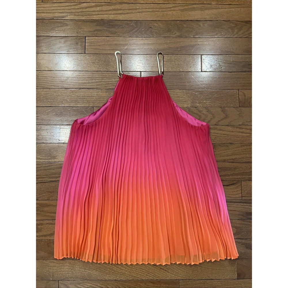 Trina Turk Ombre Pleated Halter Dress Pink Orange Gold Straps Sz S